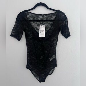 Zara Black Lace Sheer Cap Sleeve Body Suit Size Small